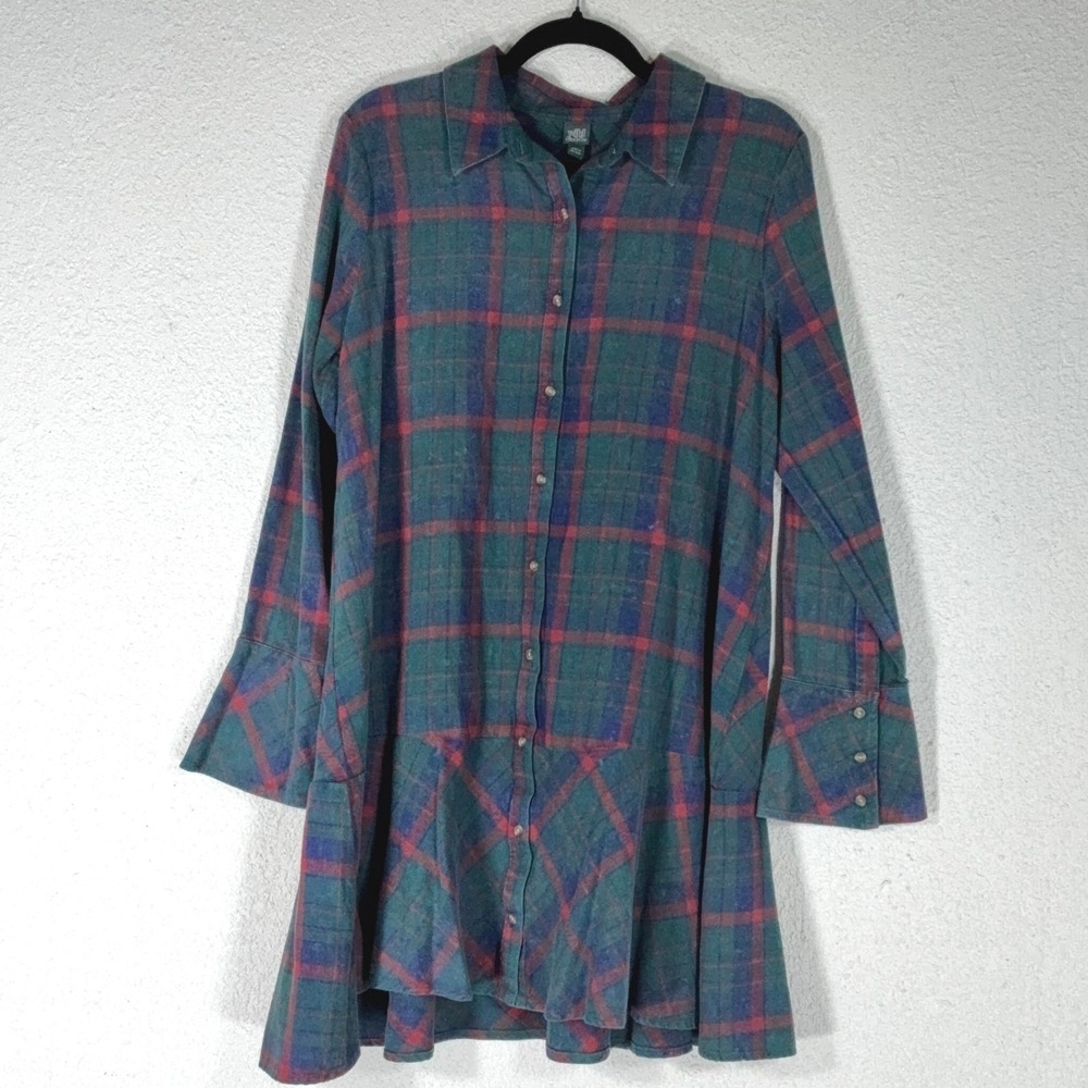Wild Fable Green Plaid Flannel Dress - L - Drop Waist Ruffle Hem Fall Fit